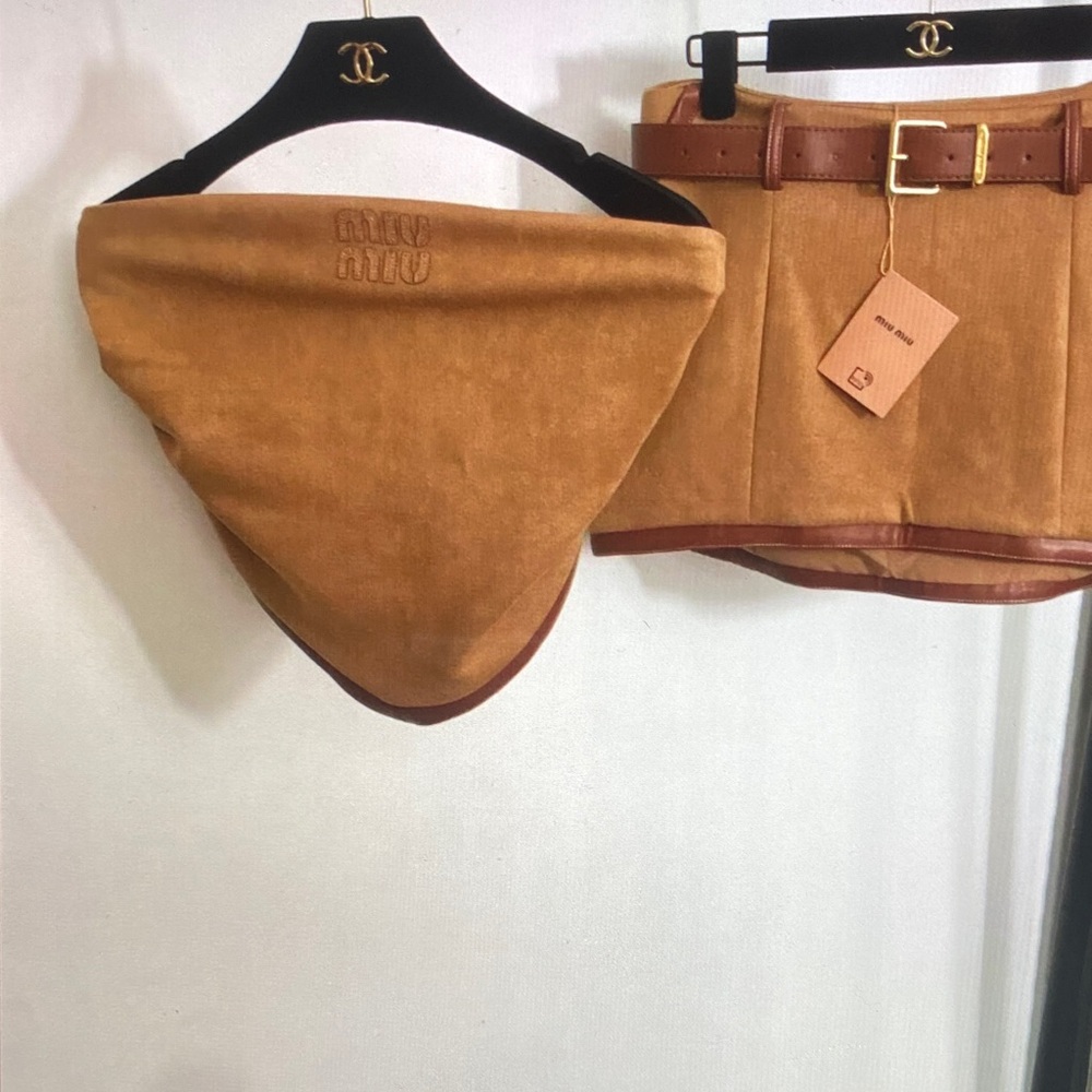 Miu Miu Camel Suede Mini Skirt with Brown Leather Trim
